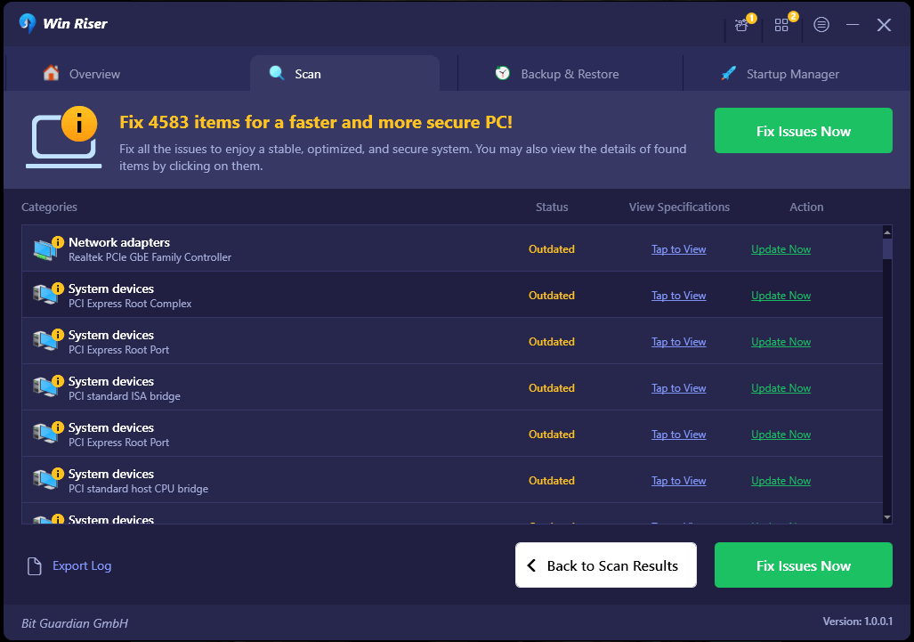 Win Riser Actualizați toate driverele învechite Faceți clic pe Remedieri acum