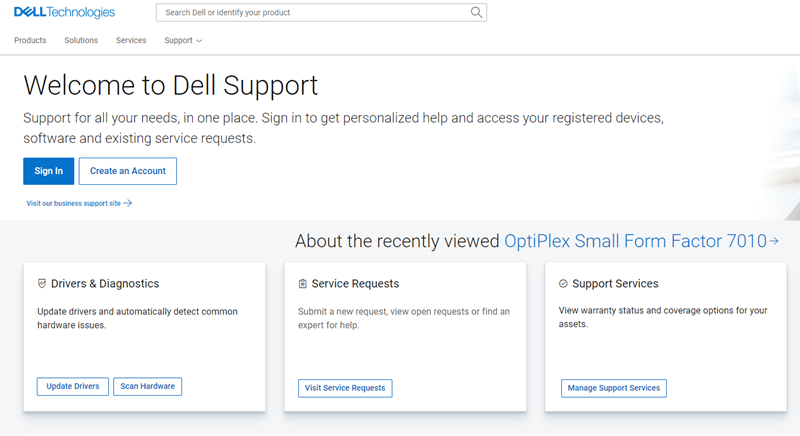 Öffnen Sie die Dell Support-Seite
