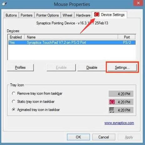 Seleziona Synaptics Touchpad e fai clic sull'opzione Impostazioni