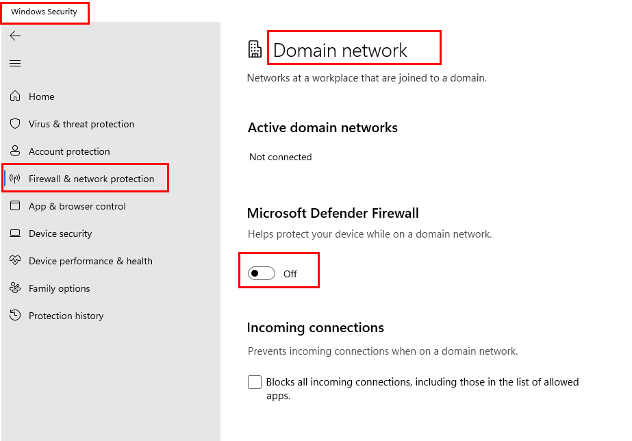Отключите сетевой брандмауэр домена, чтобы исправить ошибку Outlook Disconnected from Server