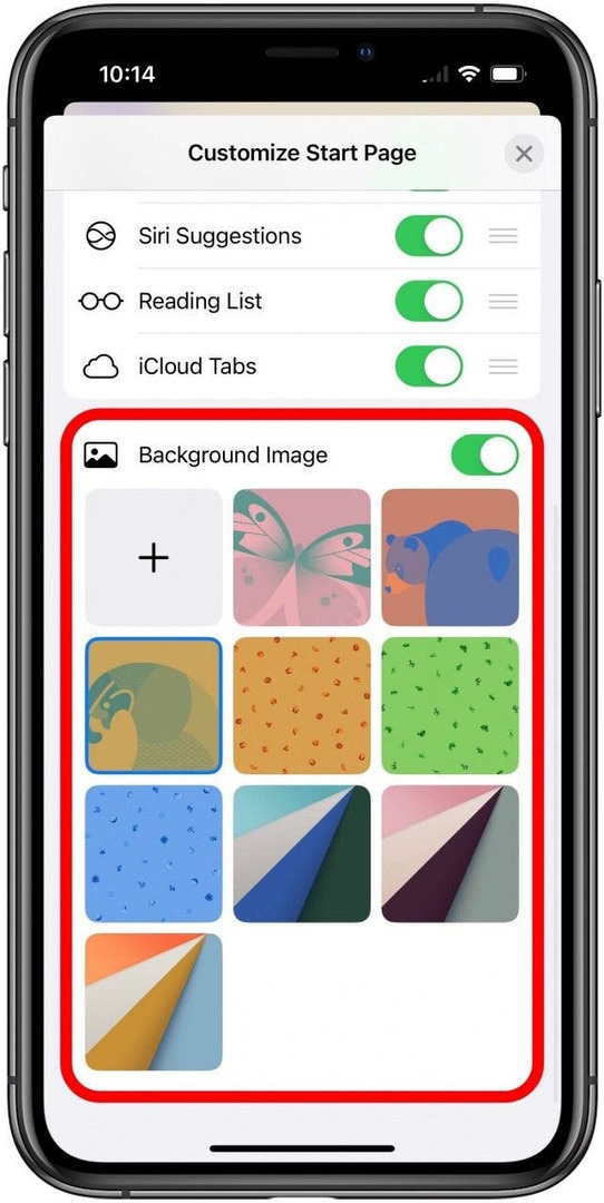 Safari-app med arket Tilpas startside åbent for en fanegruppe-startside, rullet til bunden og Baggrundsbillede-sektionen markeret.