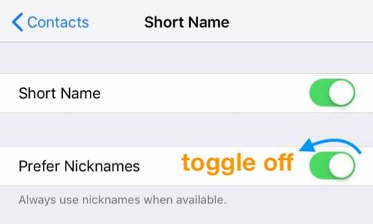 כבה העדפה של כינויים באפליקציית אנשי הקשר iOS