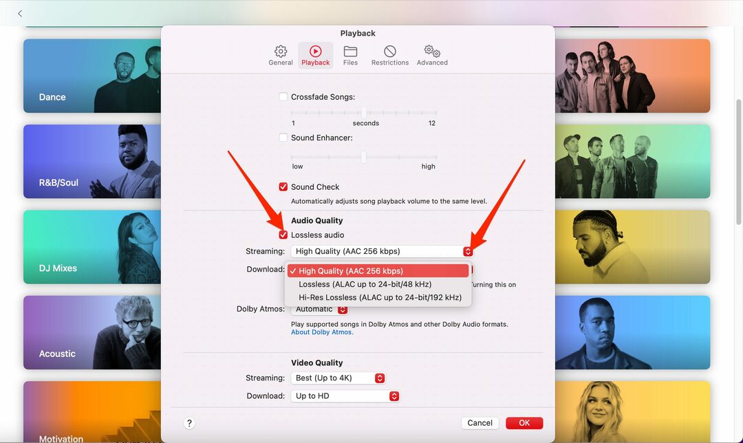Mac 메뉴에서 Apple Music 다운로드 품질을 변경하는 방법을 보여주는 스크린샷