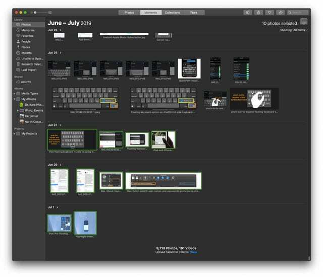 iCloud.com เลือกรูปภาพต่อเนื่องกันโดยใช้ Mac และปุ่ม Shift