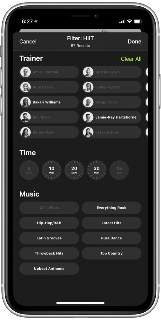Müzik, eğitmen ve zaman filtreleri veya Apple Fitness Plus antrenmanları