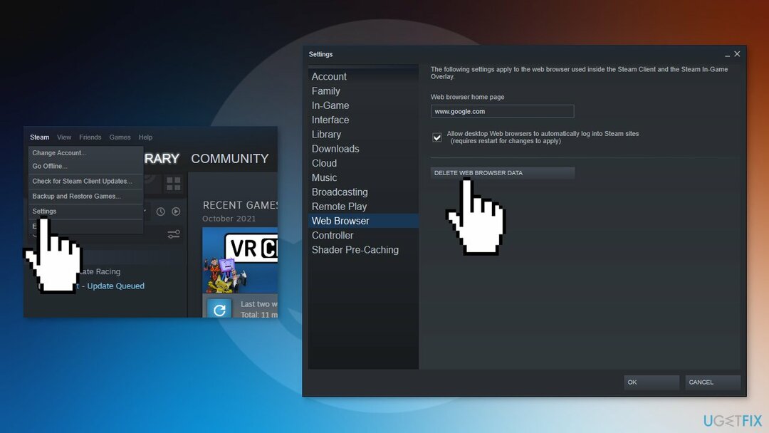 ลบข้อมูลเว็บเบราว์เซอร์ใน Steam