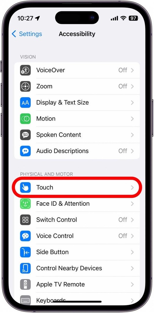 V časti Fyzické a motorické klepnite na Dotyk.