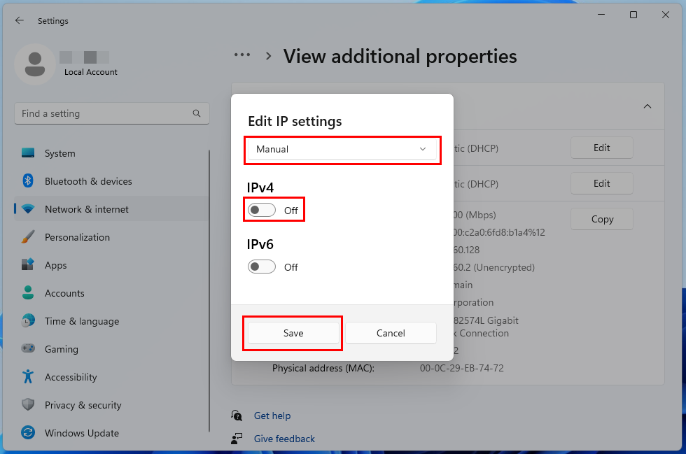 Edición de la configuración de IP manualmente y activación de la configuración de IPv4