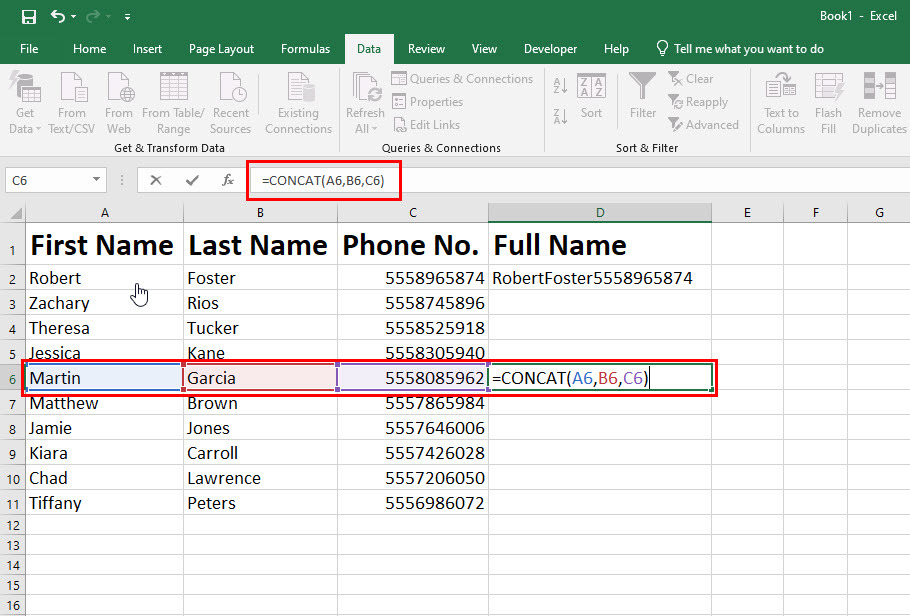 Kahden sarakkeen yhdistäminen Excelissä CONCAT-kaavan avulla