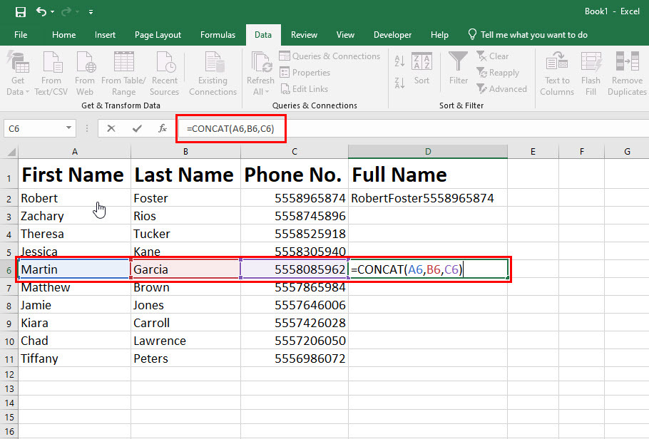 So kombinieren Sie zwei Spalten in Excel mit der CONCAT-Formel