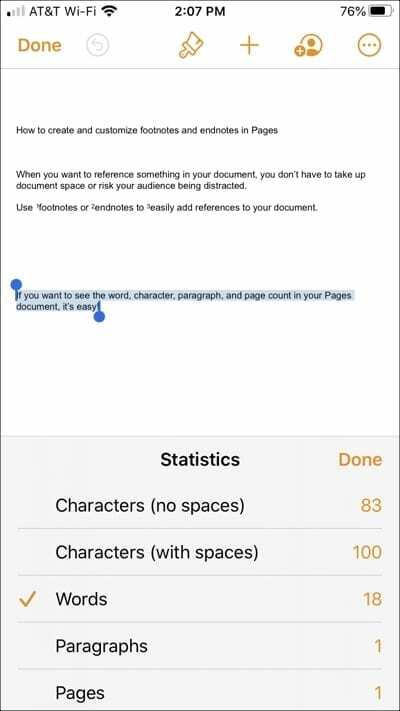 Σελίδες Word Count Επιλεγμένο κείμενο-iPhone