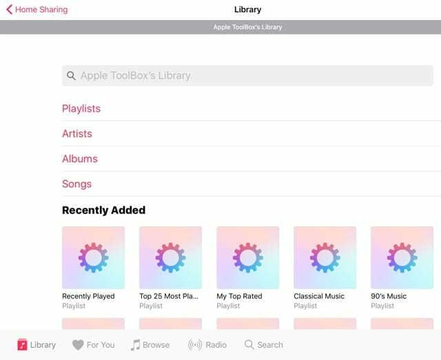 iTunes Home Споделяне на съдържание от музикална библиотека на iDevice iPhone iPad iPod