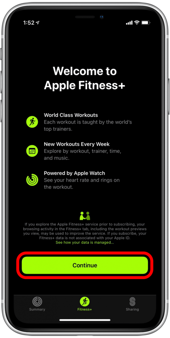 Dotaknite se Nadaljuj, da se prijavite za Apple Fitness Plus