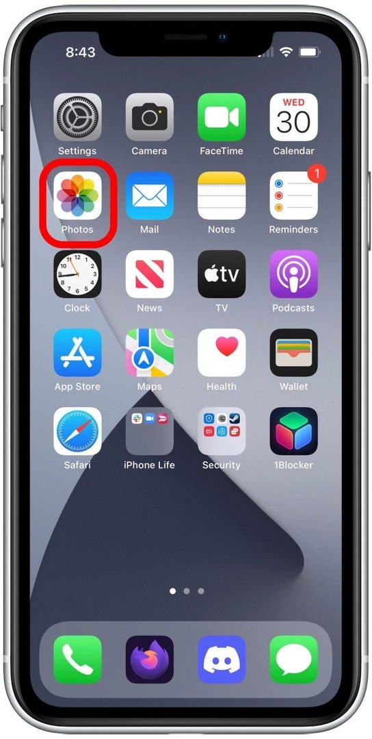 iPhone 13-startscherm, met de Foto's-app gemarkeerd