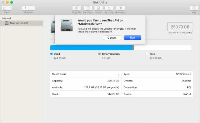 Pop-up-vinduet Disk Utility First Aid