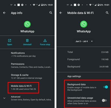 Opção de dados em segundo plano nas configurações do Android