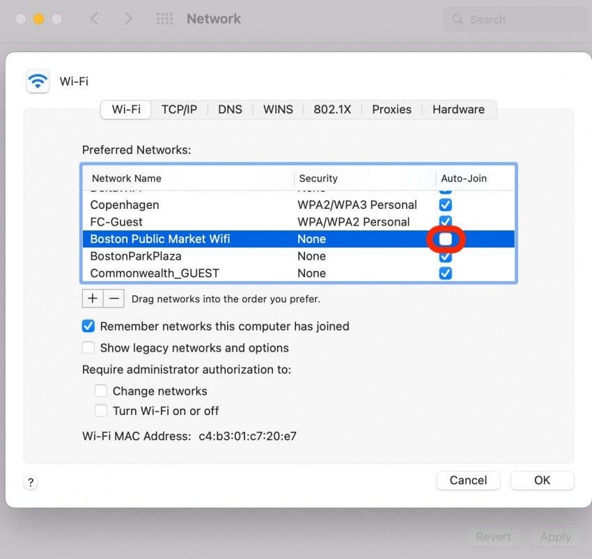 Vergessen Sie das Wi-Fi-Netzwerk Schritt 9 - Klicken Sie auf Deaktivieren Sie Automatisch verbinden