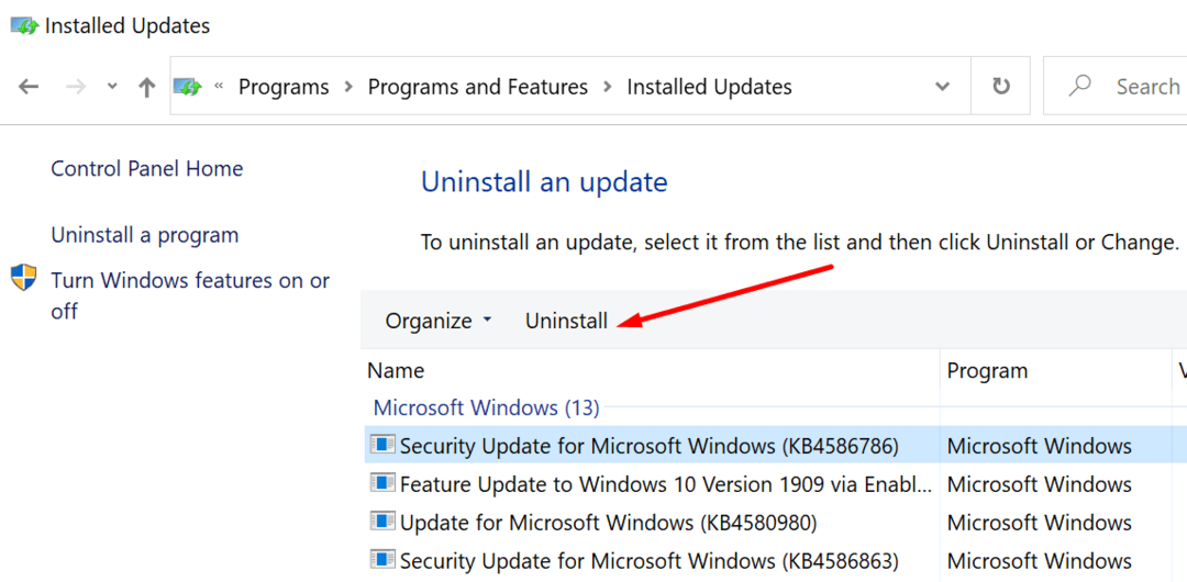 odinstaluj aktualizację systemu Windows 10