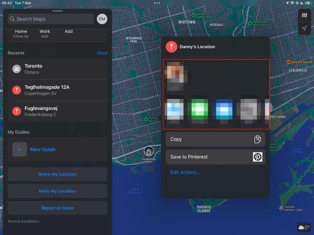 अन्य मानचित्रों के साथ स्थान साझा करें iPad स्क्रीनशॉट