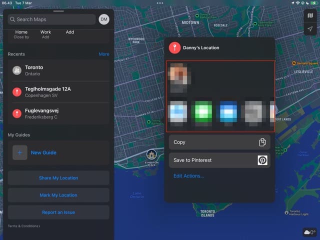 გაუზიარეთ მდებარეობა სხვებს Maps iPad-ის სკრინშოტი