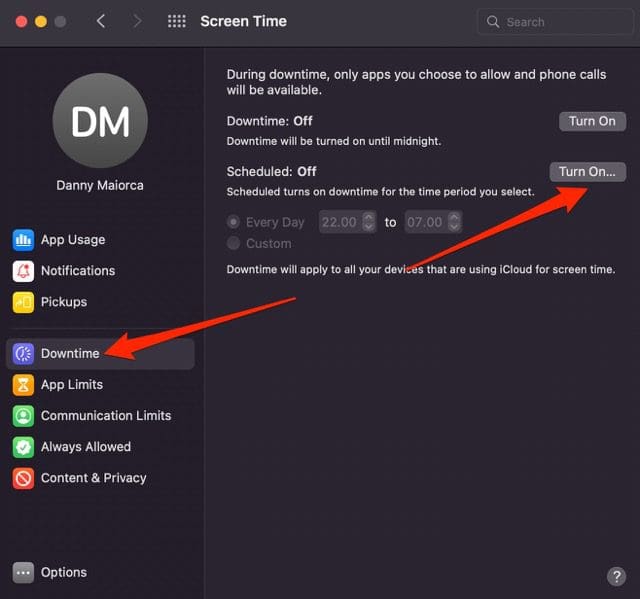 Captura de pantalla que muestra cómo activar el tiempo de inactividad en Mac Screen Time