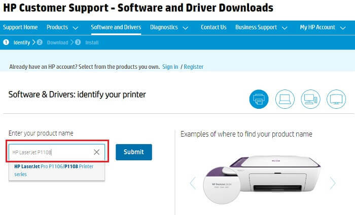 ป้อนชื่อผลิตภัณฑ์ HP LaserJet P1108