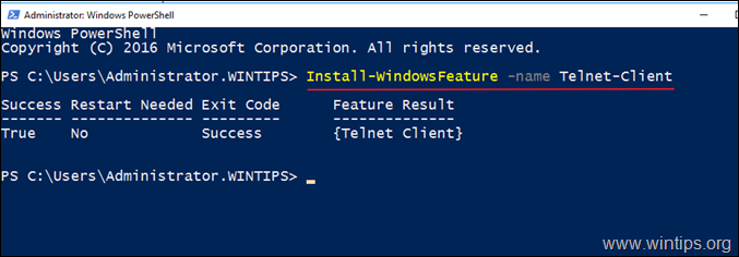 टेलनेट क्लाइंट फ़ीचर स्थापित करें - PwerShell - सर्वर 201920162012