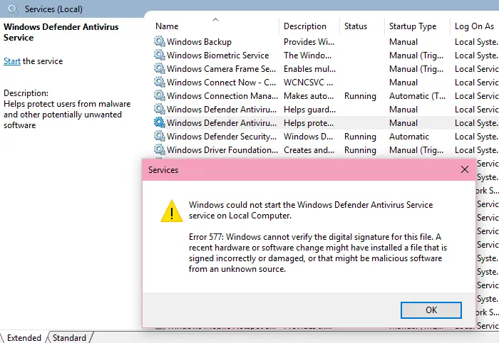 błąd obrońcy systemu Windows 577