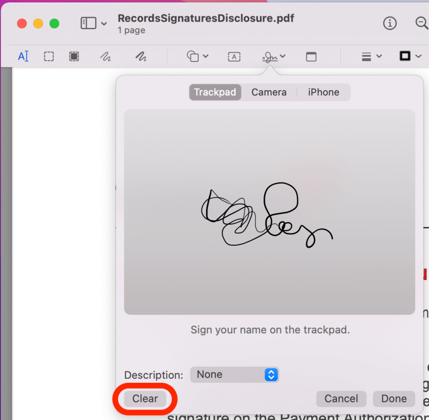 Klicken Sie auf Löschen, um das Erstellen einer Signatur für PDFs auf dem Mac neu zu starten.