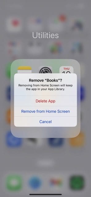 Снимок экрана, показывающий, как подтвердить удаление приложения на iPhone