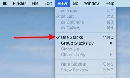 Naudokite „Stacks“ meniu parinktį „macOS Mojave“.