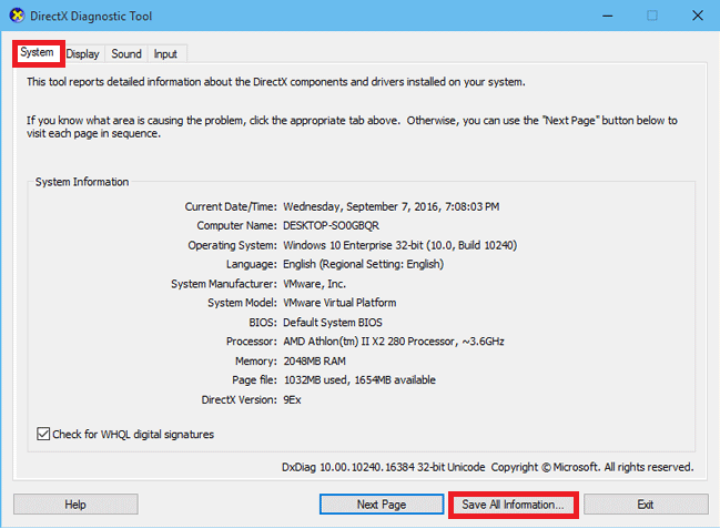 บันทึกข้อมูลทั้งหมดจากแท็บระบบของ DirectX Diagnostic Tool