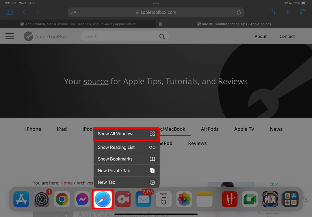 Tüm Windows'u göster seçeneğini bulmak için Dock'ta Safari'ye uzun basın