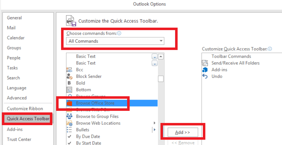 лента с инструменти на Outlook Office Store на браузъра