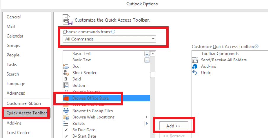 prohlížeč Office Store panel nástrojů aplikace Outlook