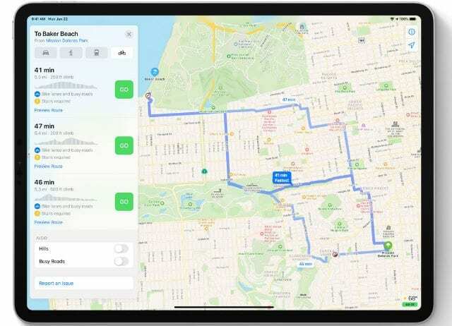 iPadOS 14의 Apple 지도에서 자전거 경로
