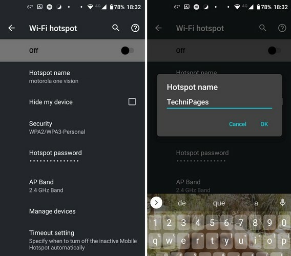 Opzioni hotspot mobile Android