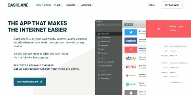 Situs web Dashlane menampilkan aplikasi