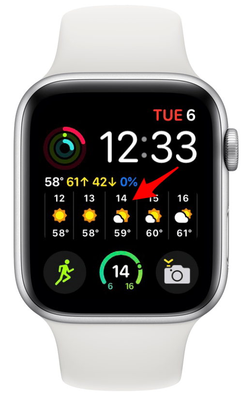 Komplikasi cuaca WORTEL pada tampilan Apple Watch