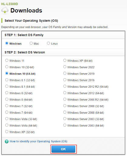 İşletim Sistemini Seçin Brother HLL2300D Sürücüsü