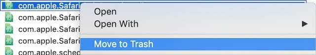 Opțiunea Mutați în Coșul de gunoi pentru fișierul plist Safari.
