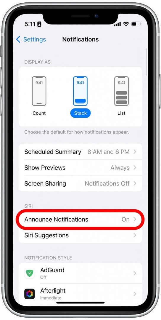 Под SIRI докоснете Обявяване на известия.