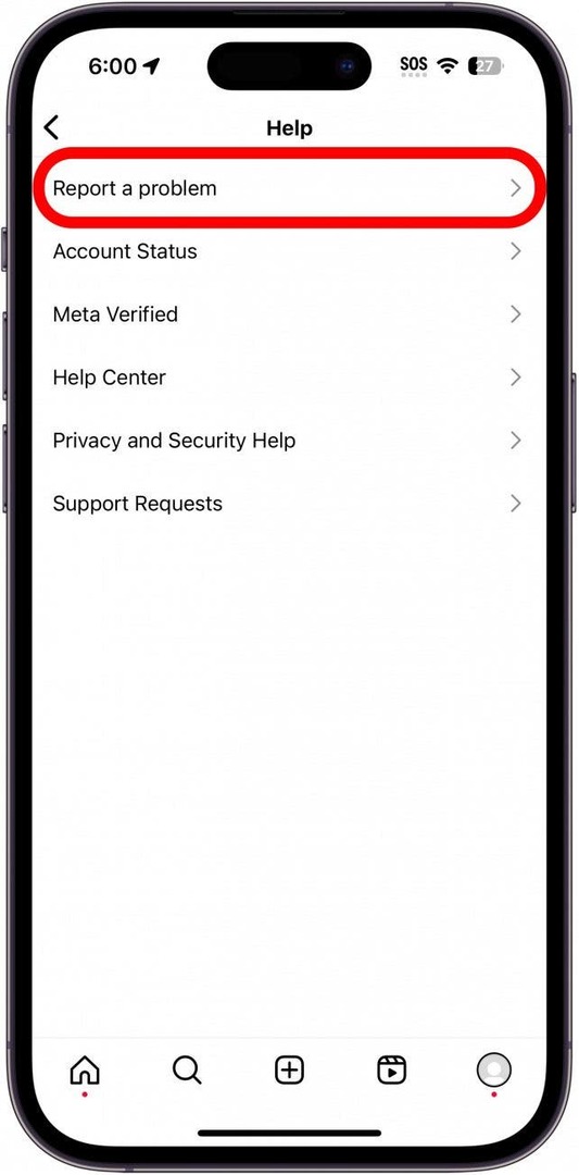 Menú de ayuda de Instagram con el botón de informar un problema rodeado en rojo