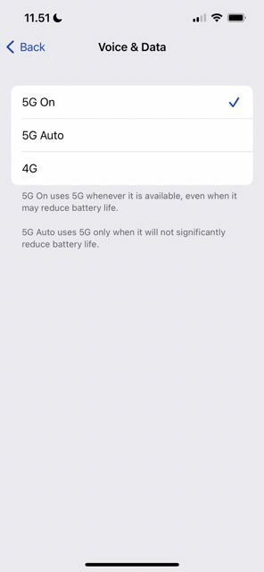 Ekraanipilt, mis näitab, kuidas iPhone'is 5G sisse lülitada