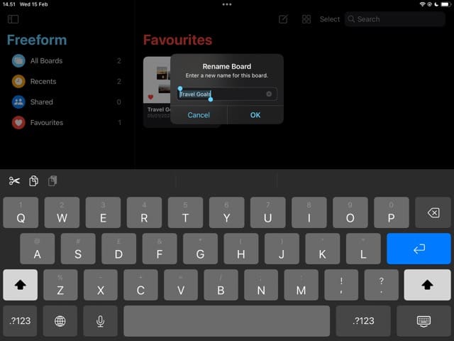 Captură de ecran care arată cum să redenumești o pânză în Freeform pentru iPad