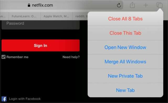Параметры кнопок вкладок с опцией «Объединить все окна» в iPadOS