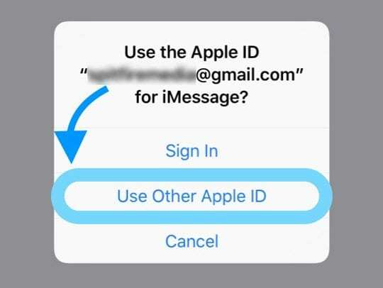 გამოიყენეთ სხვა Apple ID iMessage Pop-Up-ისთვის