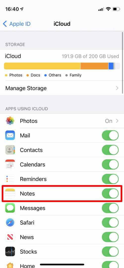 Možnost Notes v nastavitvah iCloud