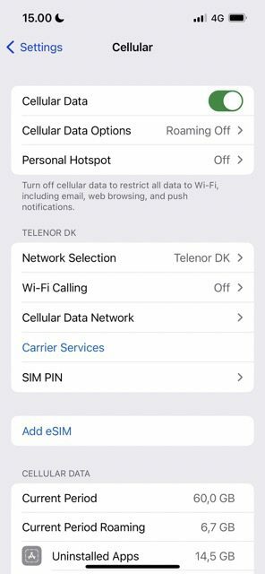 screenshot che mostra la sezione dati cellulare su iphone