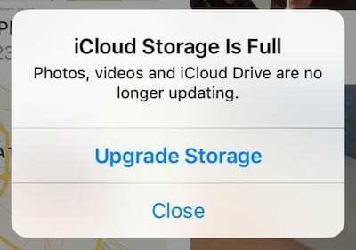 Snimka zaslona upozorenja iPhonea koja kaže: iCloud Storage je pun